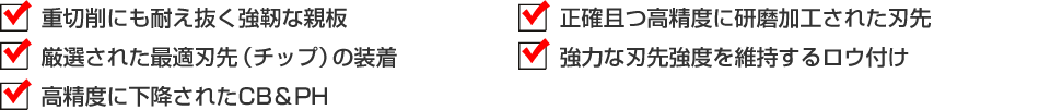 重切削にも耐え抜く強靭な親板　厳選された最適刃先（チップ）の装着　高精度に下降されたCB＆PH　正確且つ高精度に研磨加工された刃先　強力な刃先強度を維持するロウ付け